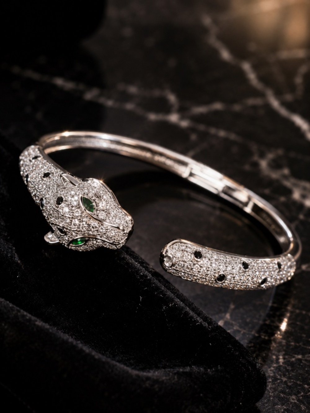Silver Pavé Panther -Head Hinged Bracelet with Green Eyes - Picture 1 of 9